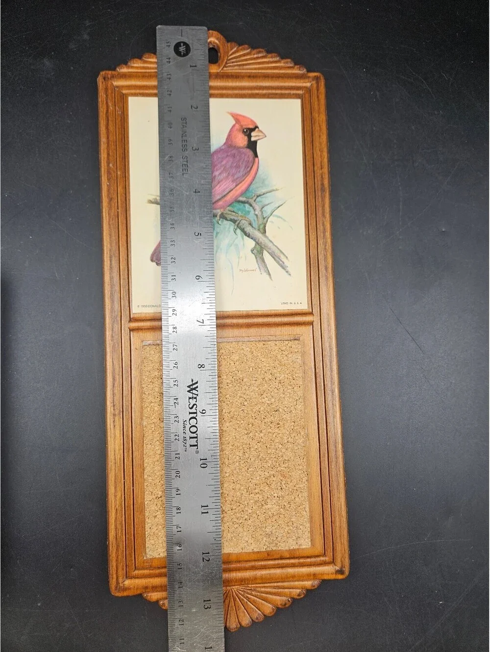 Vintage 1956 Ph. Gomner Cardinal Bird Wood Wall Hanging Memo Board Cork